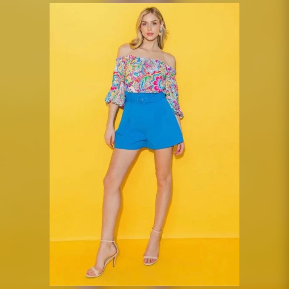 Solid Blue High-Waisted Shorts